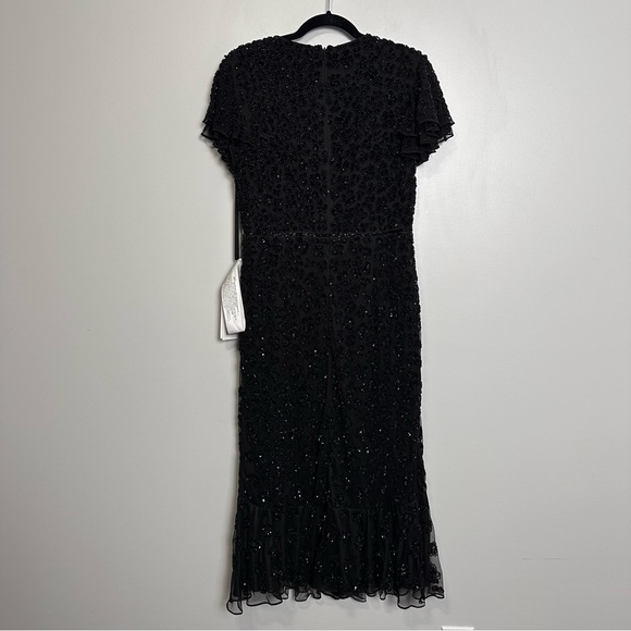 Mac Duggal HAND BEADED FLOUNCE SLEEVE MIDI DRESS Black Size 12 Style 10771 - Picture 6 of 12